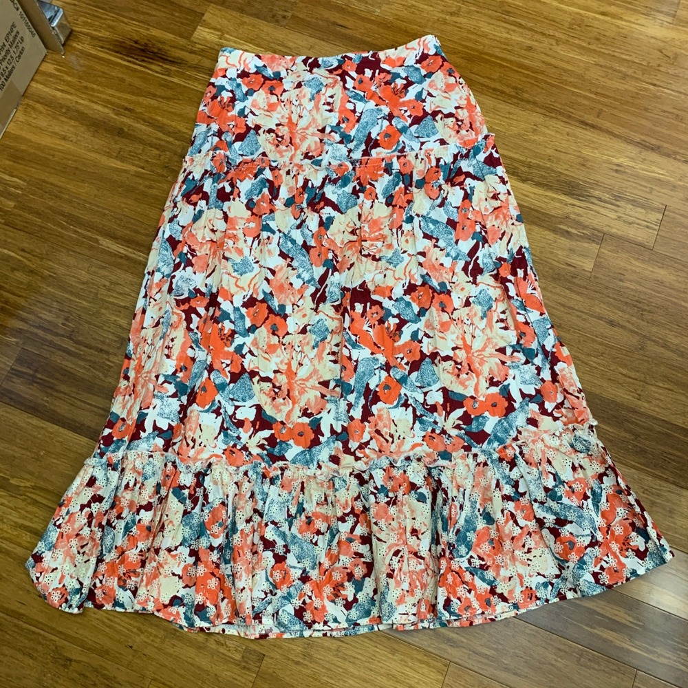 LUNA MOON‎ Womens XL Floral Print Maxi Skirt Tiered Ruffle Hem Cotton Blend NWT